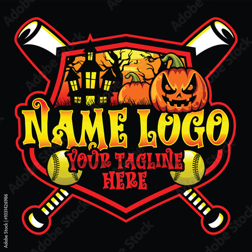 Baseball Logo Design. Sports Baseball Logo Design Vector. Pumpkin head with baseball bat. Softball tournament logo with halloween concept