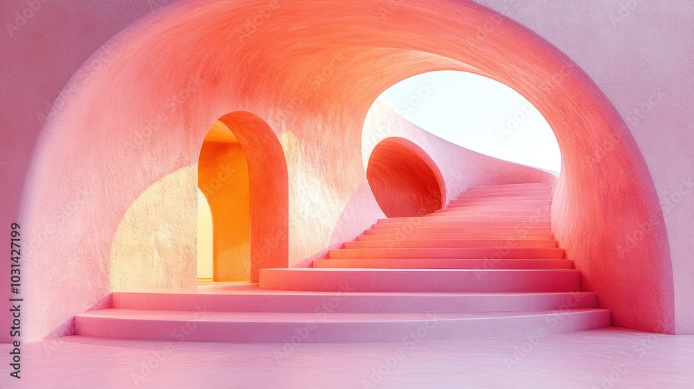 A surreal pink interior with curved stairs and arches. A surreal pink interior with curved stairs and arches.