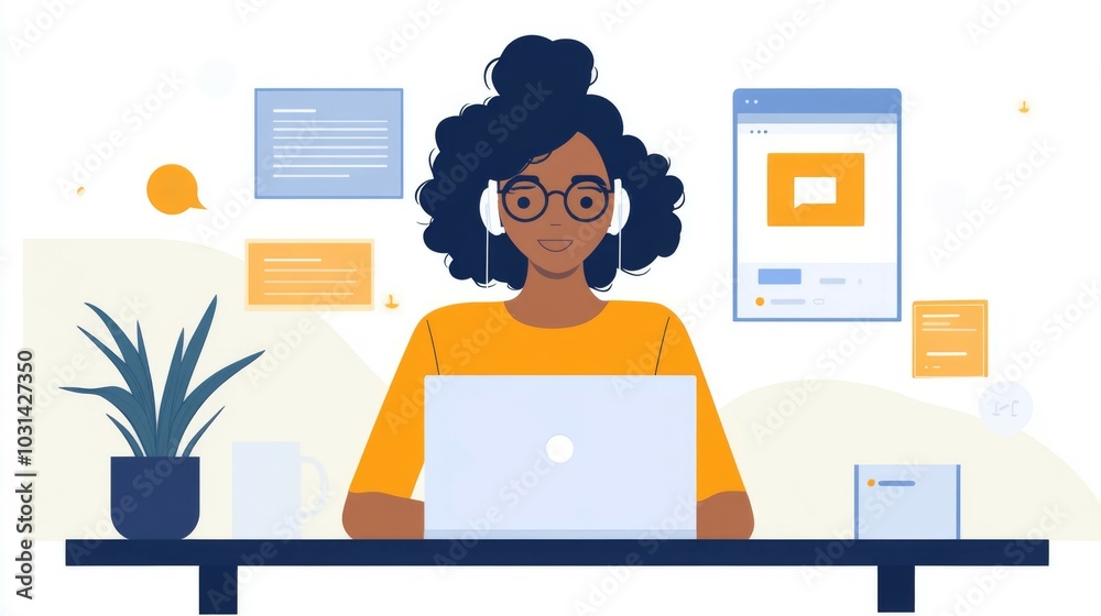 Obraz premium Woman Working on Laptop with Headphones and Notes on a White Background