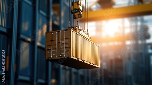 Container being lifted by crane in a shipping yard. photo