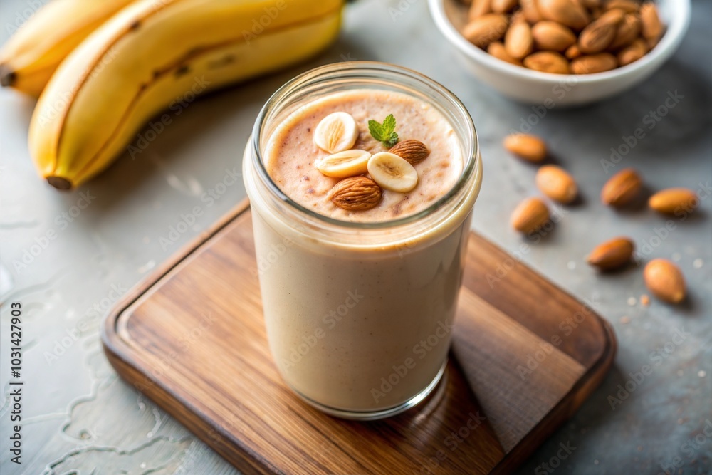 Banana almond smoothie with nuts and mint on wooden board Banana almond smoothie with nuts and mint on wooden board