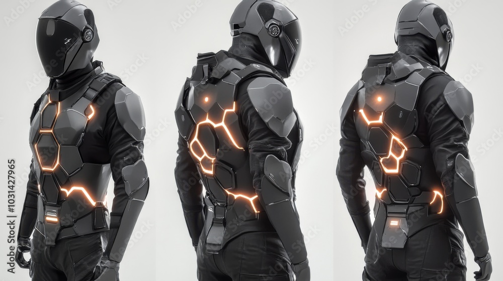 Obraz premium Futuristic armored suit design with illuminated elements and sleek aesthetic