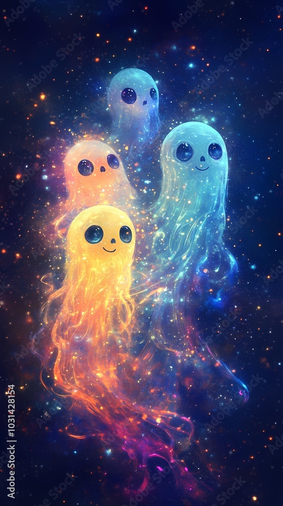 Colorful ghostly figures with cheerful faces floating in a starry night sky.