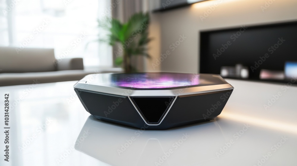 Modern futuristic speaker with glowing lights on a stylish table Modern futuristic speaker with glowing lights on a stylish table
