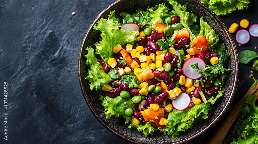 Top view of healthy food, vegan salad, on table Top view of healthy food, vegan salad, on table