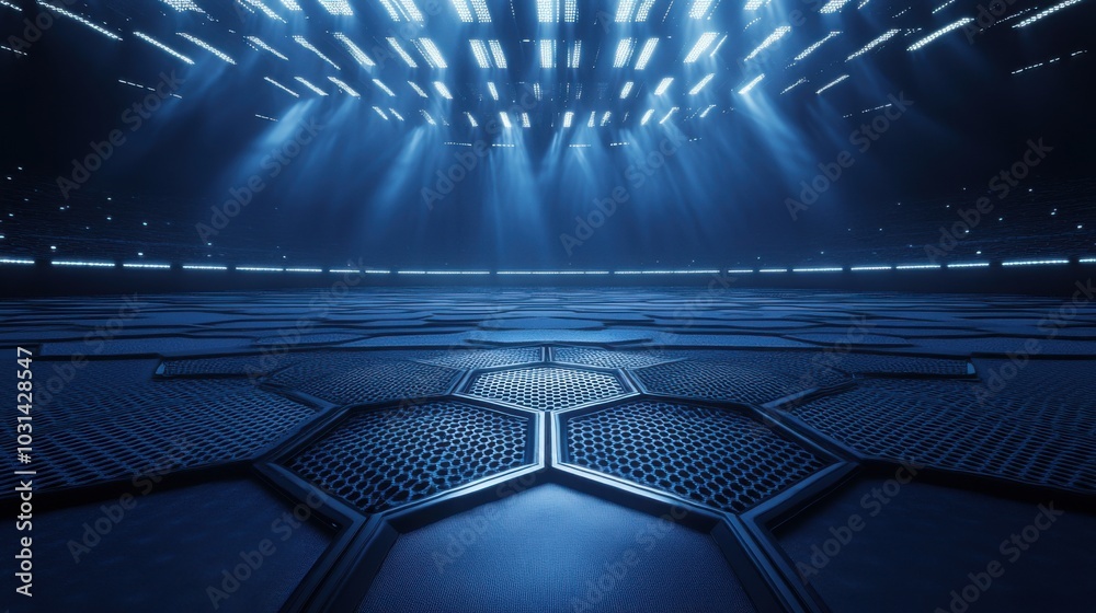 Obraz premium Futuristic illuminated floor with hexagonal pattern and blue lighting
