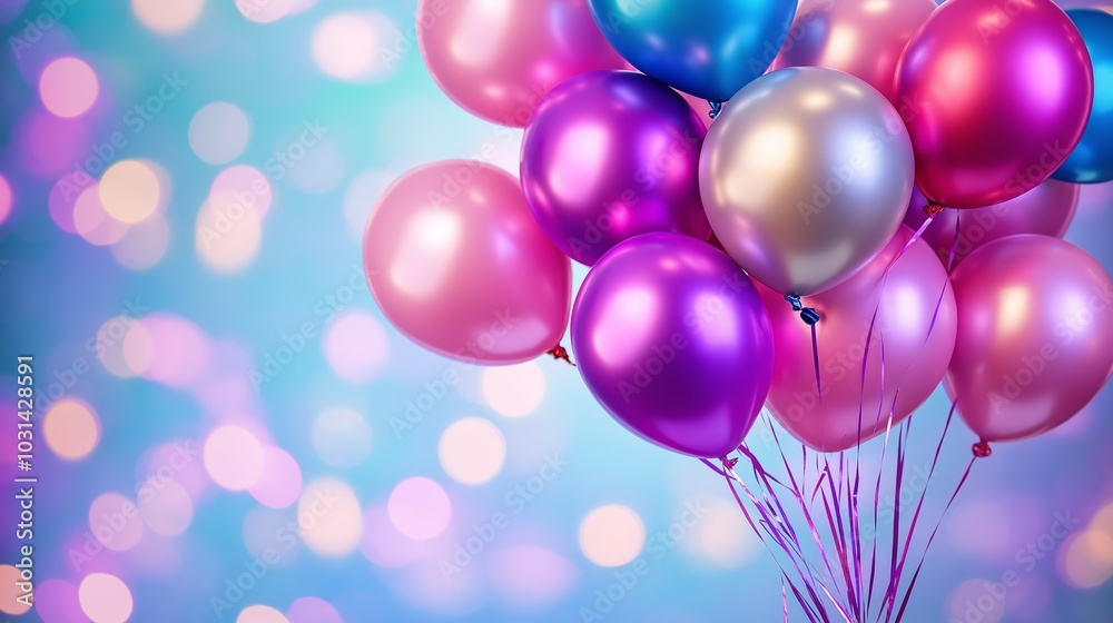 Bunch of bright balloons and space for text against. Generated by AI.
