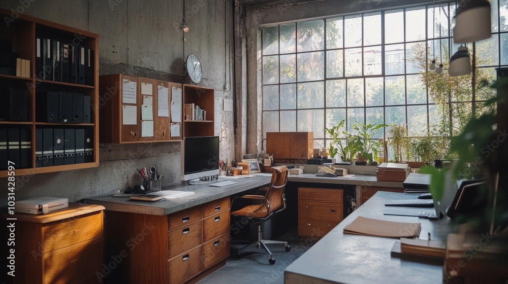 A professional workspace featuring concrete desks, wooden storage cabinets, and glass partitions bathed in natural light. A professional workspace featuring concrete desks, wooden storage cabinets, and glass partitions bathed in natural light.
