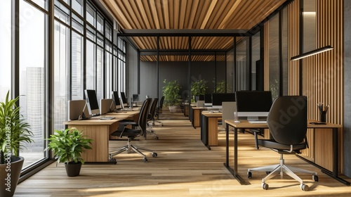 Sunlit Modern Office Space: A bright and airy workspace design with natural wood accents, large windows, and lush greenery, promoting a feeling of calm productivity and well-being.  