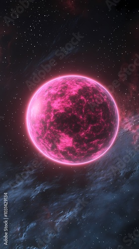 A vibrant pink star glowing in the cosmic expanse of space.