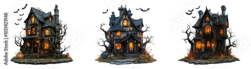 Haunted house with lights isolated on transparent PNG background perfect for spooky Halloween designs photo