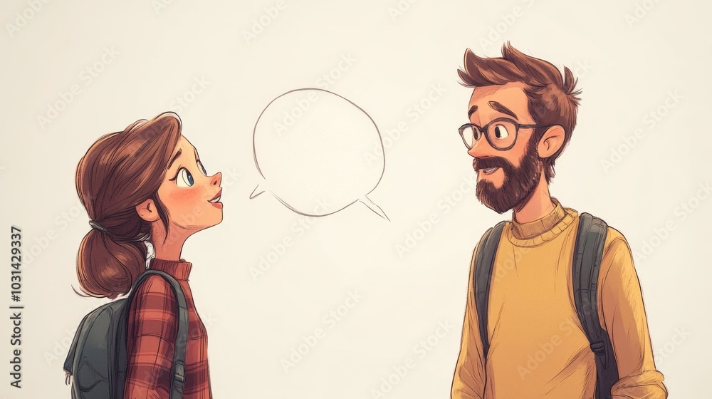 A young couple talking to each other with backpacks on A young couple talking to each other with backpacks on