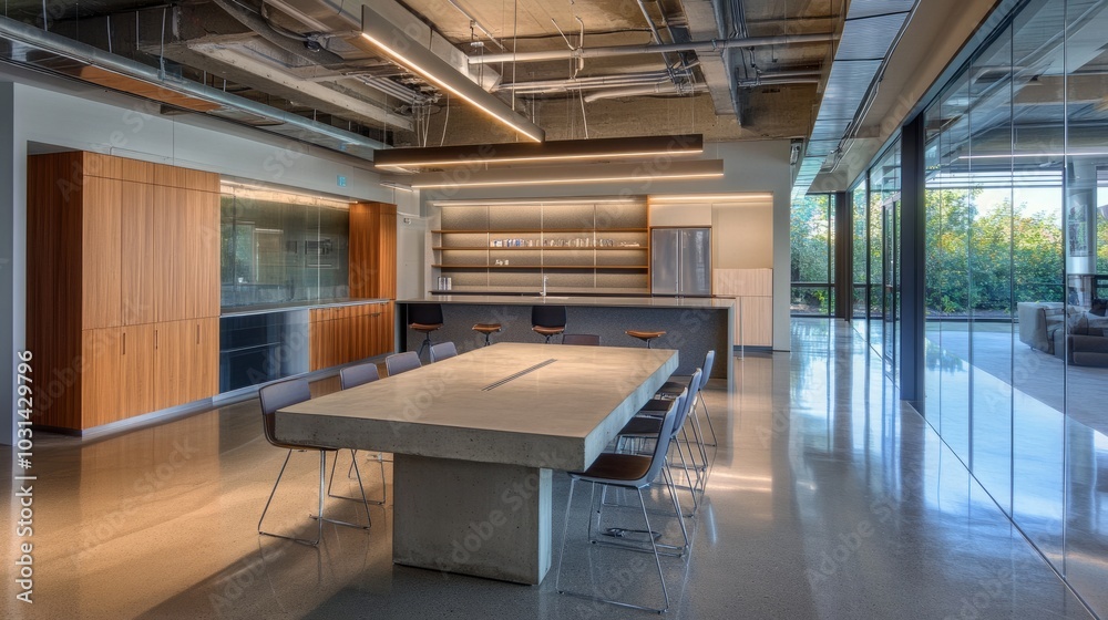 Modern open-plan office with concrete tables, sleek wooden cabinets, and transparent glass meeting rooms. Modern open-plan office with concrete tables, sleek wooden cabinets, and transparent glass meeting rooms.