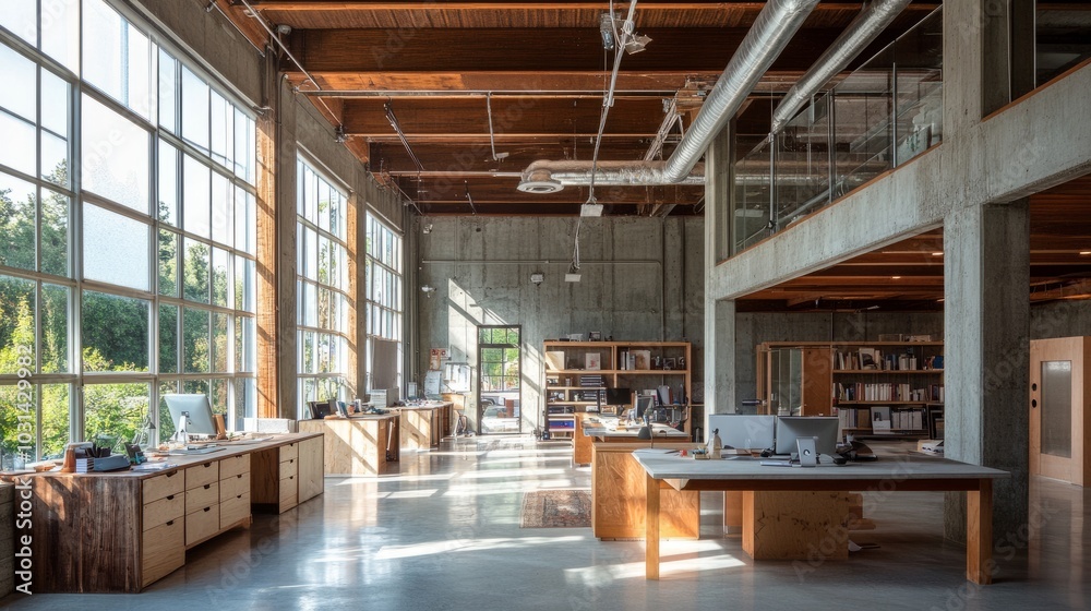 Open office space with concrete desks, wooden cabinets, and glass partitions, illuminated by natural light streaming through large windows. Open office space with concrete desks, wooden cabinets, and glass partitions, illuminated by natural light streaming through large windows.