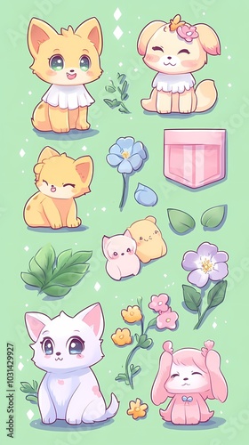 Whimsical collection of adorable cartoon animals and flowers on a pastel green background.