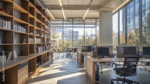 Professional office design with concrete desks, warm wooden shelving, and floor-to-ceiling glass partitions creating an airy feel.