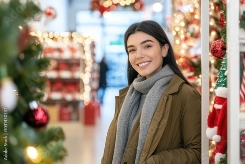 Smiling woman in warm clothing stands near festive decorations, embodying holiday spirit and joy in a seasonal shopping environment.