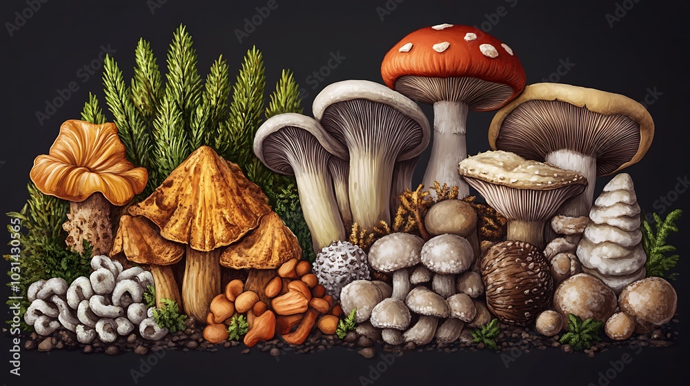 A collection of various mushrooms, including chanterelles, fly agaric, and oyster mushrooms, arranged on a dark background with moss and other foliage. A collection of various mushrooms, including chanterelles, fly agaric, and oyster mushrooms, arranged on a dark background with moss and other foliage.