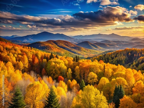 Golden Autumn Trees with Blue Mountains and Rolling Hills - Long Exposure Landscape Photography