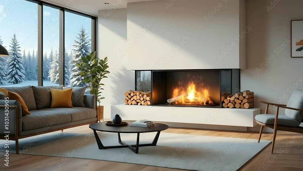 Modern living room with a cozy fireplace and large windows overlooking a snowy landscape, creating a warm and inviting atmosphere. Modern living room with a cozy fireplace and large windows overlooking a snowy landscape, creating a warm and inviting atmosphere.