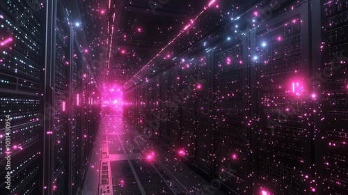 A high-tech data center filled with server racks, connected by bright holographic lines representing data transfer, glowing in a dark space. photo