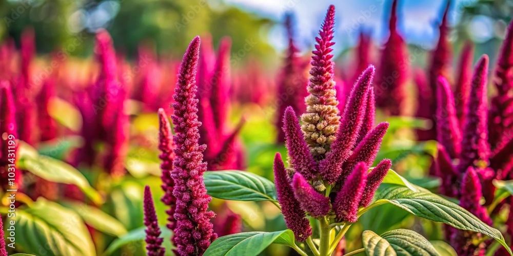 Wide-Angle wild amaranth flower and thriving green spinach in the garden Wide-Angle wild amaranth flower and thriving green spinach in the garden