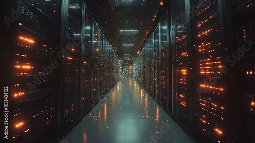 A high-tech data center filled with server racks, connected by bright holographic lines representing data transfer, glowing in a dark space. photo