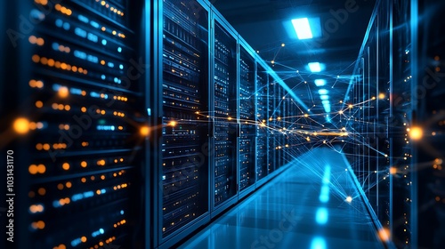 A high-tech data center filled with server racks, connected by bright holographic lines representing data transfer, glowing in a dark space. photo