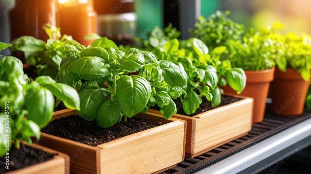Fresh basil plants growing in wooden pots on a shelf, vibrant green leaves. Fresh basil plants growing in wooden pots on a shelf, vibrant green leaves.