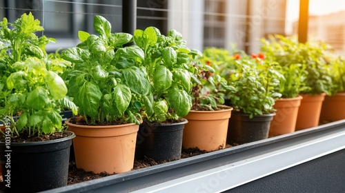 Fresh green herbs growing in pots on a sunny windowsill.