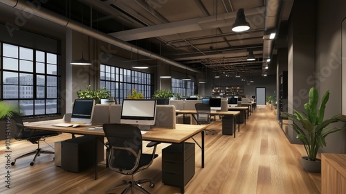 Sunlit Modern Office Space: A bright and airy workspace design with natural wood accents, large windows, and lush greenery, promoting a feeling of calm productivity and well-being.  