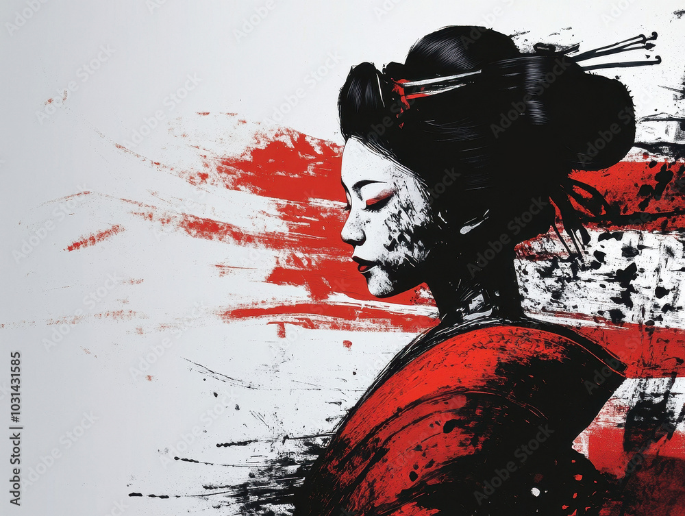 A geishaâ€™s silhouette formed from rough, hand-painted brushstrokes, blending modern art with traditional imagery --ar 4:3 --style raw --v 6.1 Job ID: ba320d2c-0997-4b80-af25-e6a70d8c3ed5