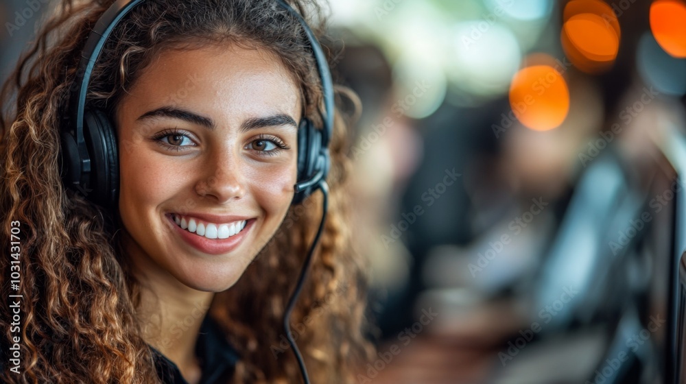 Smiling Woman with Headset in a Call Center Smiling Woman with Headset in a Call Center