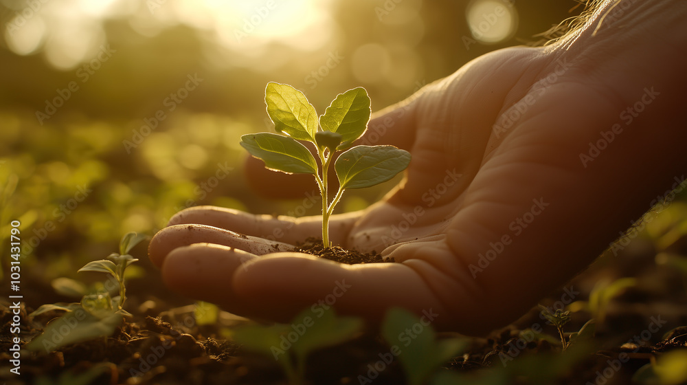 Fototapeta premium Capturing the essence of growth and commitment, a gentle hand nurtures a small seedling against a blurred backdrop of lush greenery, highlighting our role in environmental stewardship.