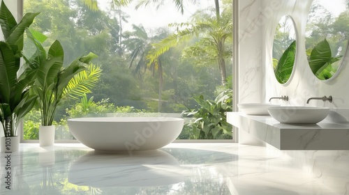 Luxury Bathroom Oasis: A luxurious bathroom with a marble bathtub, double sinks, and a large window overlooking a lush tropical garden. The space is filled with natural light and a sense of calm.