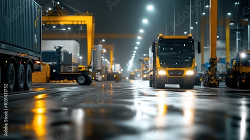 Illuminated industrial space with trucks and containers at night.