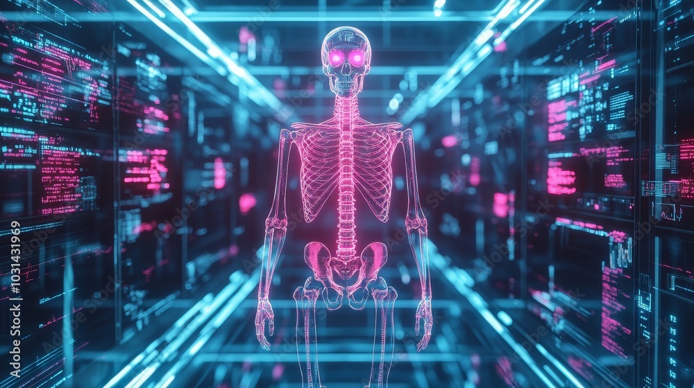 Futuristic digital hologram of a skeleton with knee pain, glowing neon medical interfaces, floating within an AI-enhanced medical chamber, Cyberpunk, Neon Futuristic digital hologram of a skeleton with knee pain, glowing neon medical interfaces, floating within an AI-enhanced medical chamber, Cyberpunk, Neon