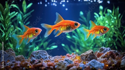 Three vibrant goldfish swimming among rocks and aquatic plants.