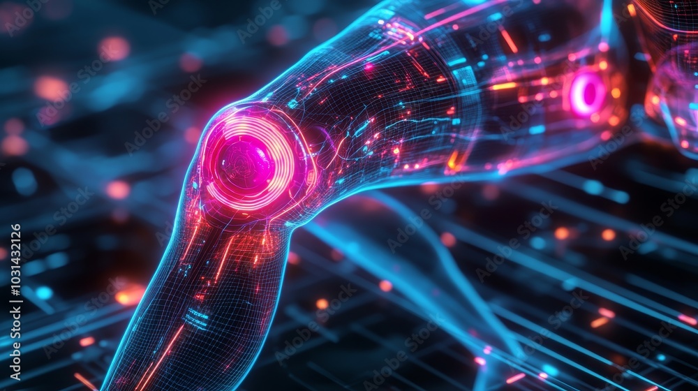 Futuristic knee anatomy, neon holographic rings floating around the joint in a sci-fi laboratory, X-ray vision, medical technology theme, vibrant digital art Futuristic knee anatomy, neon holographic rings floating around the joint in a sci-fi laboratory, X-ray vision, medical technology theme, vibrant digital art