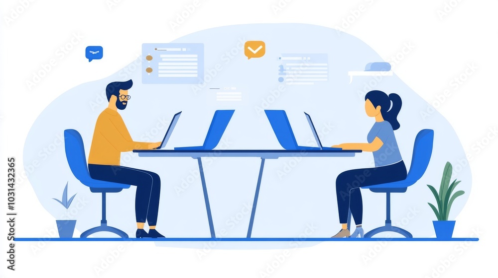 Obraz premium Two People Working on Laptops at a Desk