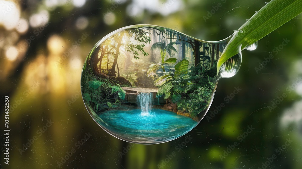 Water droplet containing vibrant landscape with trees and waterfall Water droplet containing vibrant landscape with trees and waterfall
