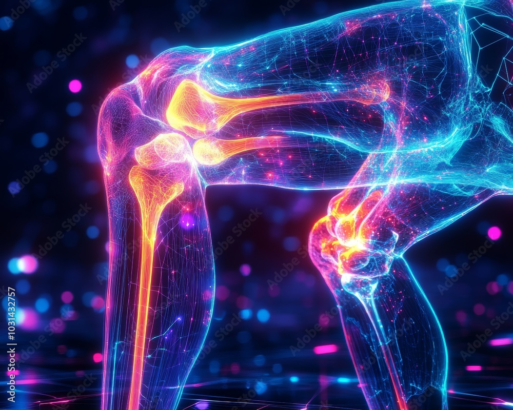 Futuristic knee X-ray, neon holograms and digital medical data surrounding the joint, sleek tech-lab setting, high-tech, glowing blue lights Futuristic knee X-ray, neon holograms and digital medical data surrounding the joint, sleek tech-lab setting, high-tech, glowing blue lights