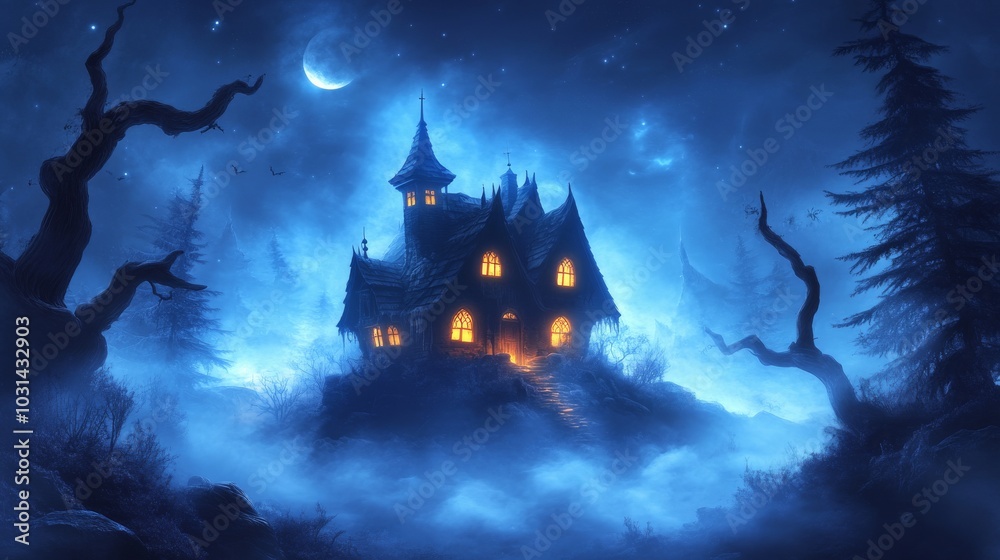 Enchanting haunted house under a moonlit sky Enchanting haunted house under a moonlit sky