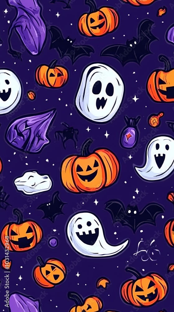 Colorful Halloween-themed pattern featuring pumpkins, ghosts, and bats. Colorful Halloween-themed pattern featuring pumpkins, ghosts, and bats.