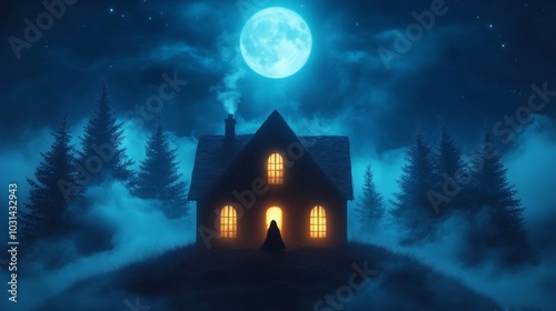 Enigmatic cottage illuminated by a full moon in a misty landscape