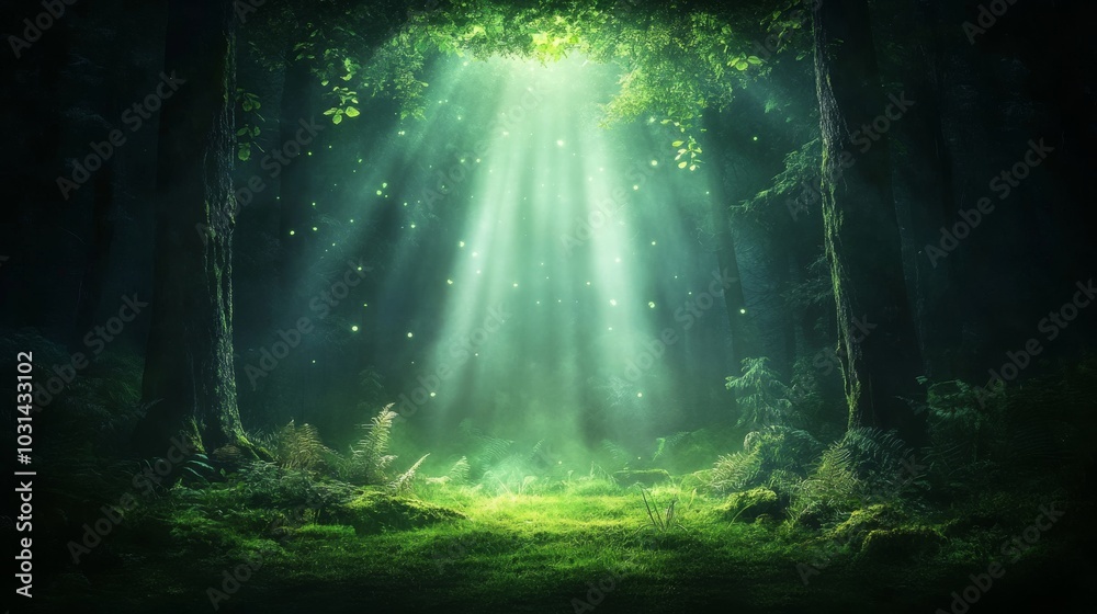 Enchanted forest with ethereal light beams and fireflies Enchanted forest with ethereal light beams and fireflies