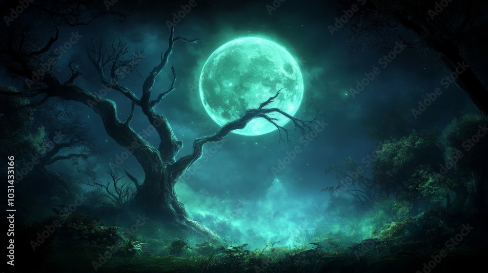 Enchanted forest under a glowing full moon Enchanted forest under a glowing full moon