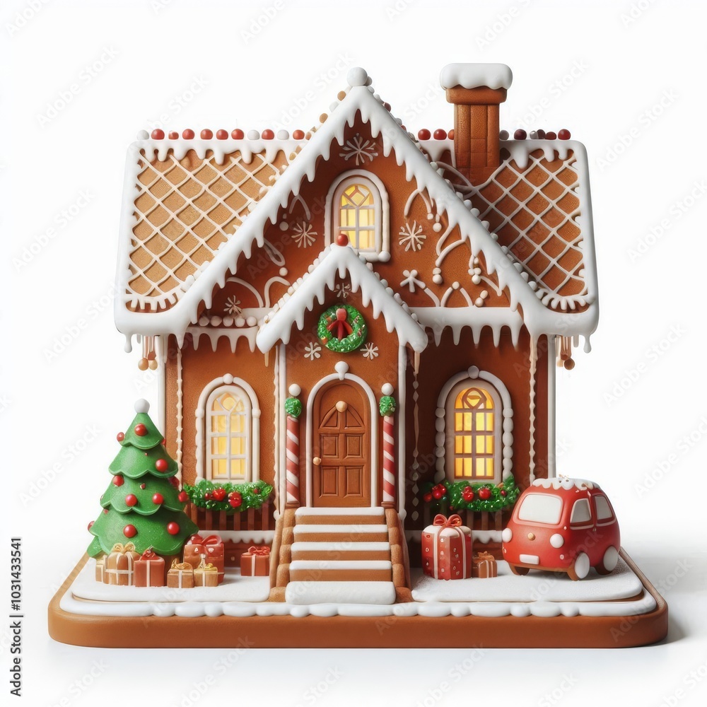 Festive gingerbread house on a stand with toy car, Christmas tree, and gifts on white background Festive gingerbread house on a stand with toy car, Christmas tree, and gifts on white background