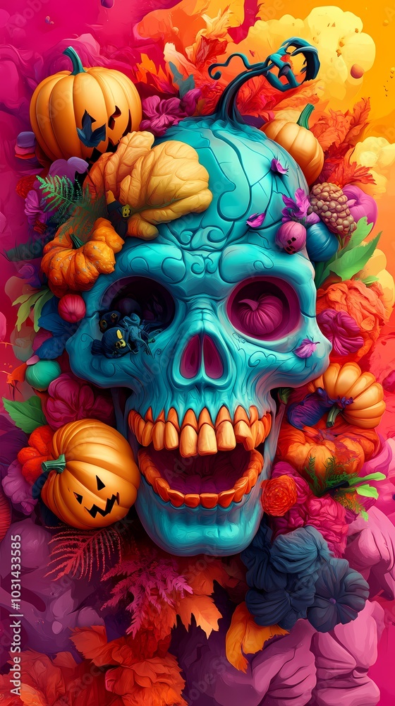 Vibrant blue skull surrounded by colorful pumpkins and autumn foliage. Vibrant blue skull surrounded by colorful pumpkins and autumn foliage.