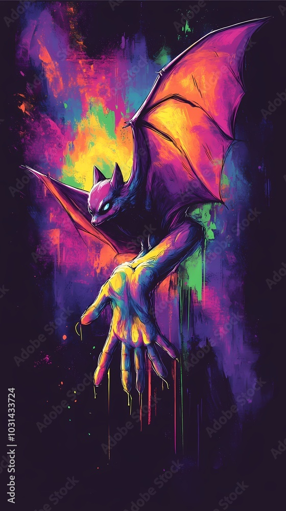 Obraz premium A vibrant bat creature emerging from a colorful hand, showcasing a surreal design.